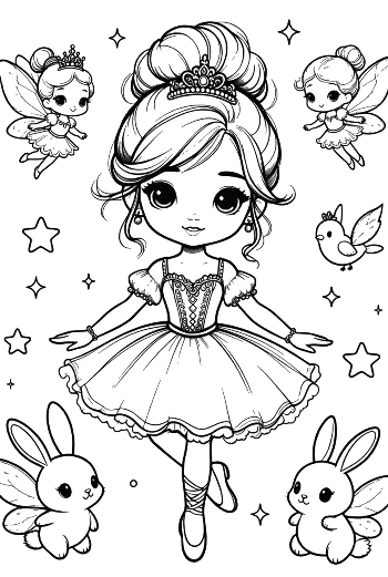 Cute Ballerina Princess Dancing with Little Fairy Friends Printable