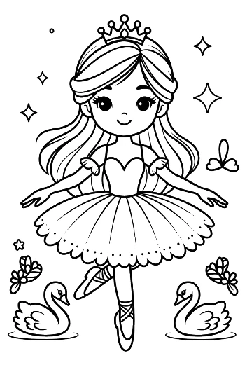 Elegante Ballett-Prinzessin tanzt auf Bühne mit Schwänen – Zum Ausdrucken Malvorlage