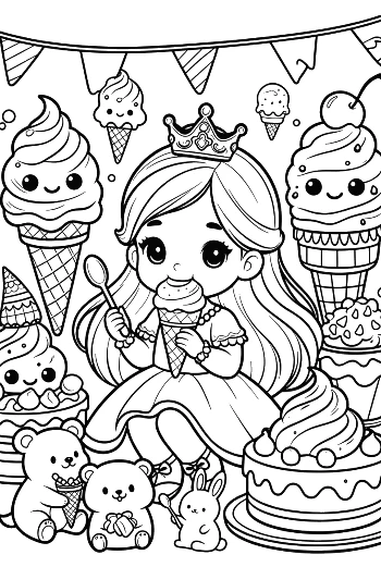 Joyful Ice Princess Celebrating with Winter Treats and Penguins Printable
