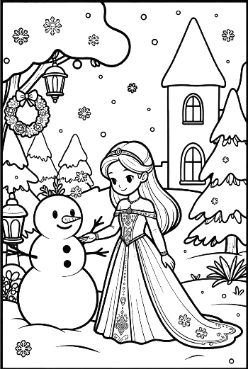 Magical Ice Princess in a Gown Standing Before a Royal Castle Printable