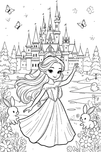 Royal Ice Princess Twirling in Her Gown Before a Magic Palace Printable