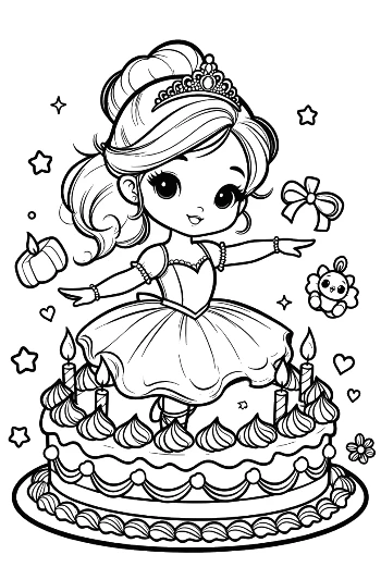 Sweet Ballet Princess Dancing Next to a Decorated Cake Printable