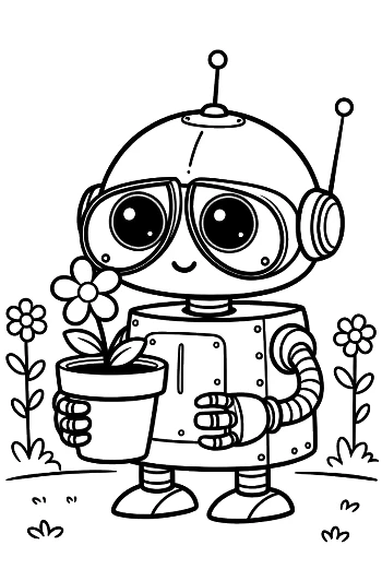 Cute Retro Robot Gardener Holding a Potted Flower in a Sunny Garden Printable