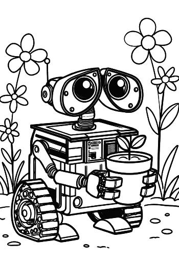 Small Mechanical Robot Gardener with Flower Pots in a Floral Meadow Printable