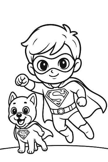 Brave Superhero Child and His Loyal Dog Flying High Printable