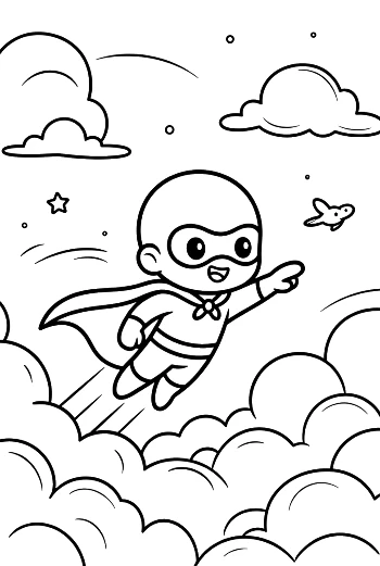 Brave Superhero Kid Flying Alongside a Small Airplane Printable