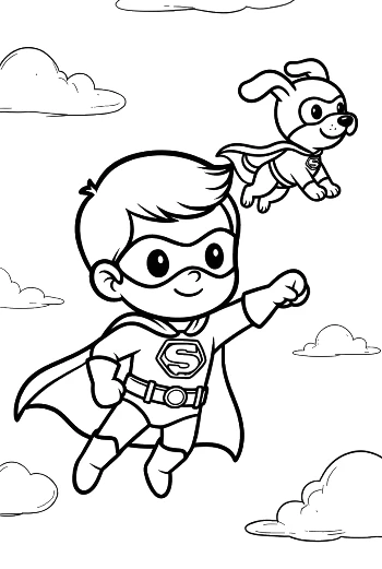 Super Boy and Heroic Dog Flying Together on a Mission Printable