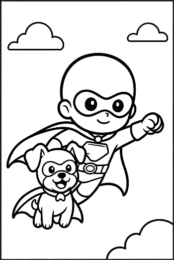 Young Hero and His Caped Dog Soaring Through the Air Printable