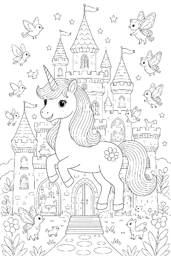 Adorable Baby Unicorn Posing by a Fairytale Royal Palace Printable