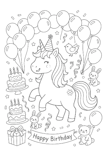 Adorable Birthday Unicorn with Festive Party Decorations and Stars Printable