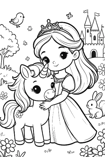 Adorable Princess Cuddling with a Cute Baby Unicorn Printable