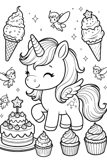 Cute Ice Cream Unicorn Sitting with Cupcakes and Sweet Treats Printable