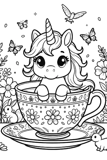 Cute Unicorn Peeking Out from a Decorative Tea Cup Printable