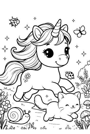 Friendly Unicorn with a Little Kitten on a Floral Meadow Printable