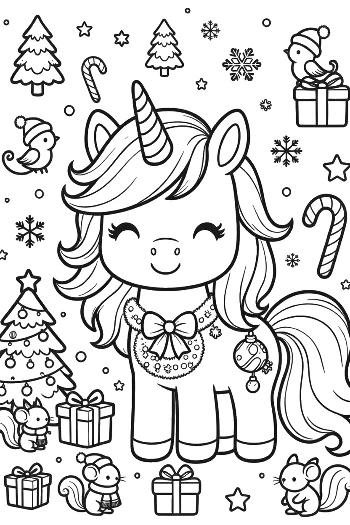Happy Unicorn Celebrating Christmas with a Santa Hat and Ornaments Printable