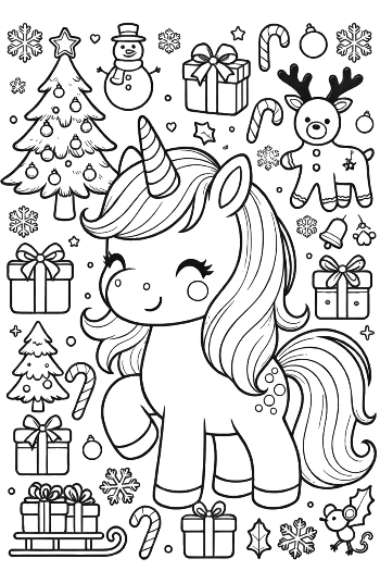 Kawaii Holiday Unicorn with a Christmas Bow and Snowy Decorations Printable