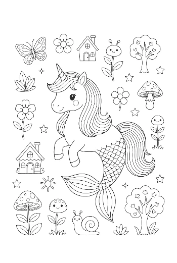 Kawaii Mermaid Unicorn Swimming with Sea Friends Underwater Printable