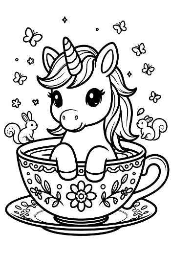 Kawaii Unicorn Character Sitting Comfortably in a Teacup Printable