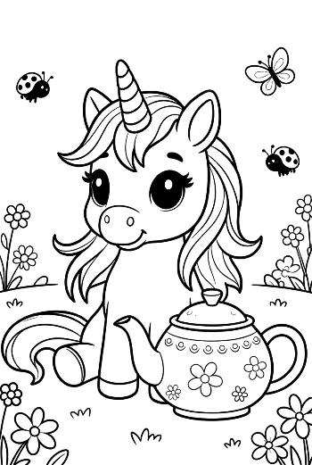 Lovely Unicorn Standing Beside a Magical Tea Set Printable