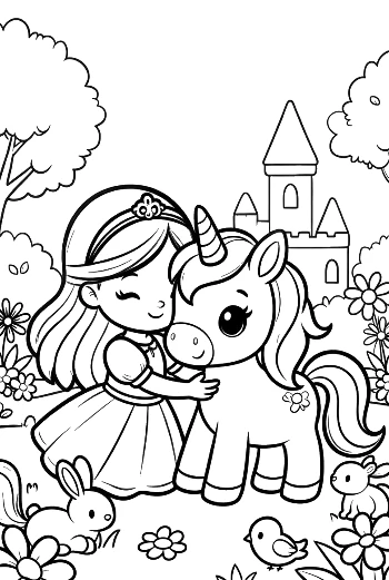 Pretty Princess and Unicorn Companion in a Garden Printable