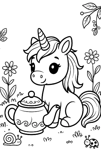 Sweet Baby Unicorn Enjoying a Tea Party with a Flower Teapot Printable