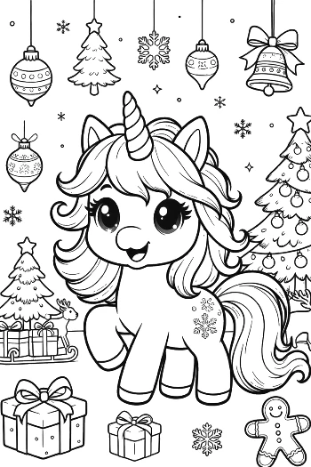 Sweet Christmas Unicorn Sitting with Festive Presents and Candy Canes Printable