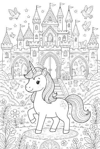 Sweet Little Unicorn Walking Through a Magical Palace Garden Printable