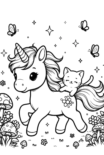 Sweet Unicorn Carrying a Baby Kitty Through a Garden Printable