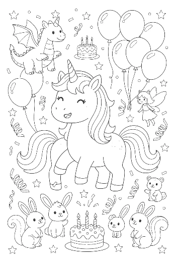 Sweet Unicorn Sitting Among Birthday Balloons and Presents Printable