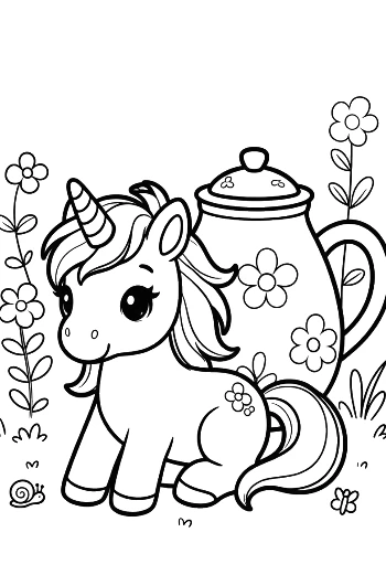 Tiny Unicorn and a Large Floral Teapot in a Whimsical World Printable