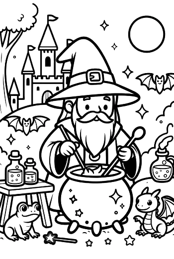 Ancient Wizard Brewing a Potion Near a Royal Castle Garden Printable