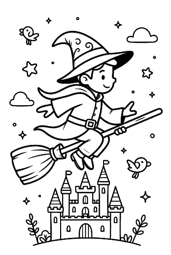 Boy Wizard Flying His Broom Past a Royal Fairytale Palace Printable