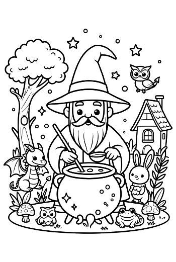 Cheerful Magic Wizard Stirring His Potion with Forest Friends Printable
