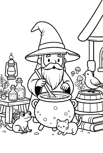 Cute Old Wizard Stirring a Magical Potion in a Large Cauldron Printable