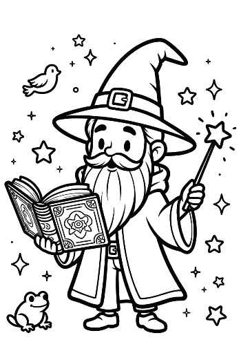 Cute Wizard Boy Reading a Giant Book of Magic Spells Printable