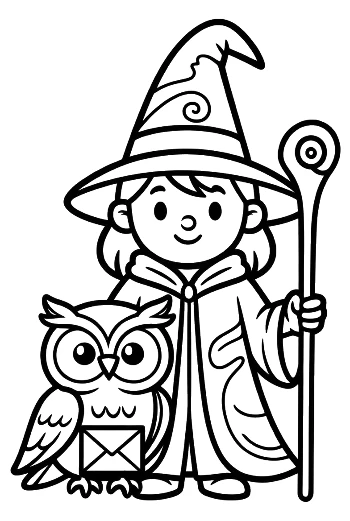 Cute Wizard Girl Holding a Staff with Her Pet Owl Printable