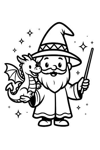 Friendly Wizard Character Waving His Magic Wand with an Owl Printable
