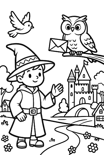 Little Wizard Boy Waving to His Owl Friend Near the Tower Printable