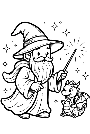 Zauberer spricht mit kleinem Drachenfreund Malvorlage zum Ausdrucken