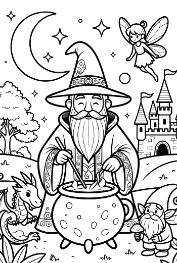 Magical Sorcerer Mixing a Secret Potion in His Garden Printable