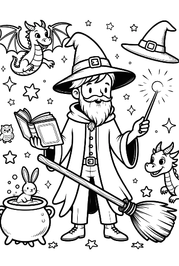 Master Sorcerer Performing a Spell from His Magical Book Printable