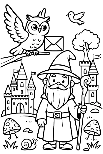 Master Wizard and His Owl Friend Outside a Royal Fortress Printable