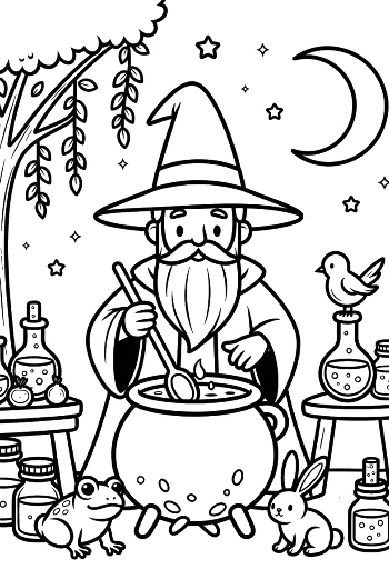 Old Magic Wizard Brewing Potions in a Room Full of Jars Printable