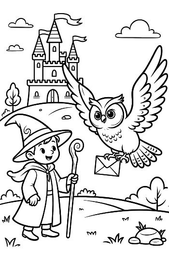 Wise Old Wizard and an Owl in a Magical Winter Forest Printable