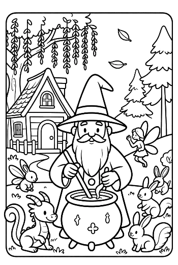 Wise Wizard Brewing a Magic Spell in a Forest Workshop Printable