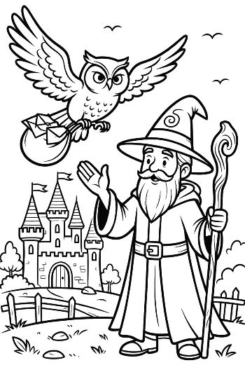 Zauberer mit Eulenfreund im Märchengarten ausdruckbar