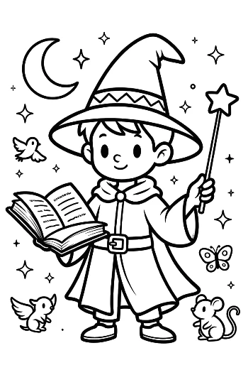 Young Apprentice Reading a Magic Book with Sparkling Stars Printable