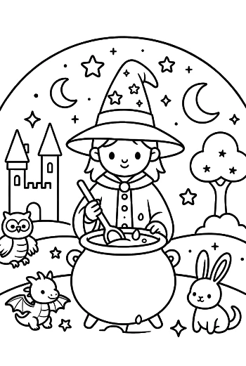 Young Apprentice Wizard Stirring a Magic Potion Under the Moon Printable