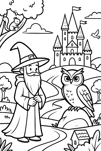 Young Sorcerer Walking with a Staff and His Owl Companion Printable