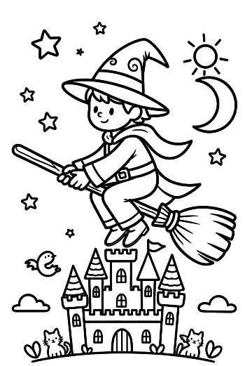 Young Wizard Flying on a Broomstick Over a Magic Castle Printable